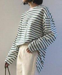 and it_(アンドイット)/ルーズシルエットボーダーカットソー カットソー 長袖 レディース 綿100 春 秋 ボーダー 柄 tシャツ 薄手 クルーネック ルーズ ワイド 綿100% コッ/グリーン