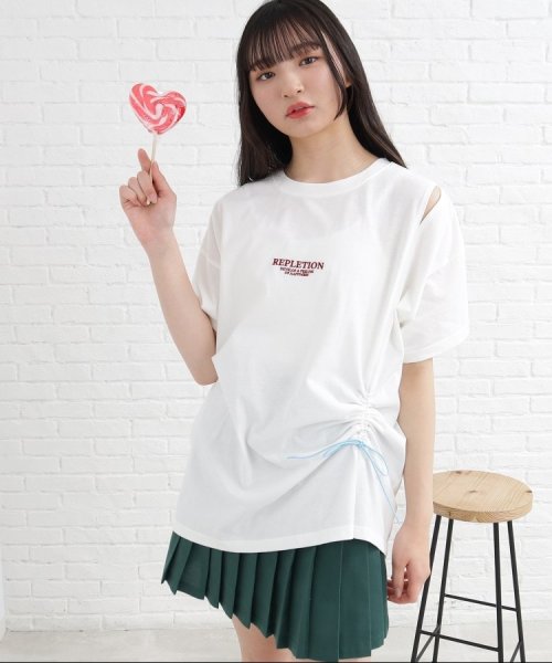 PINK-latte(ピンク　ラテ)/【2WAY/前後着用可】配色ドロストシャーリングTシャツワンピース/オフホワイト（003）