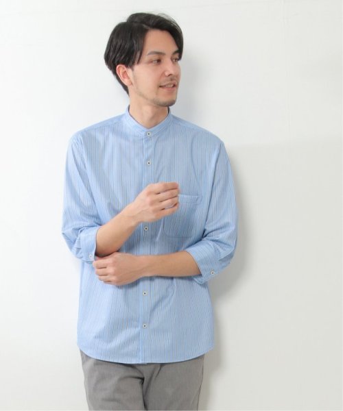 ikka(イッカ)/7分袖イージーケアバンドカラーシャツ/ブルー