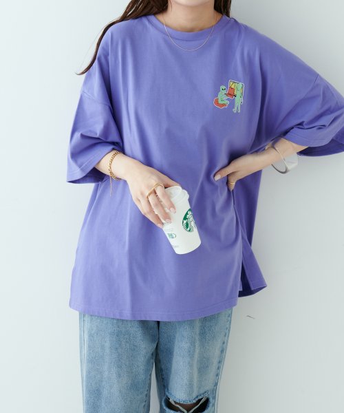 NICE CLAUP OUTLET(ナイスクラップ　アウトレット)/地球旅行プリントBIGTシャツ/パープル