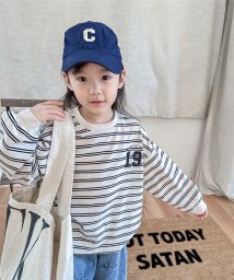 aimoha(aimoha（アイモハ）)/【aimoha－KIDS－】韓国子供服　アメカジ風刺繍入りボーダービッグシルエットロンTEE/ブルー