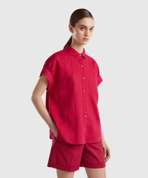 BENETTON (women)(ベネトン（レディース）)/リネン100％フレンチスリーブシャツ・ブラウス/ピンク