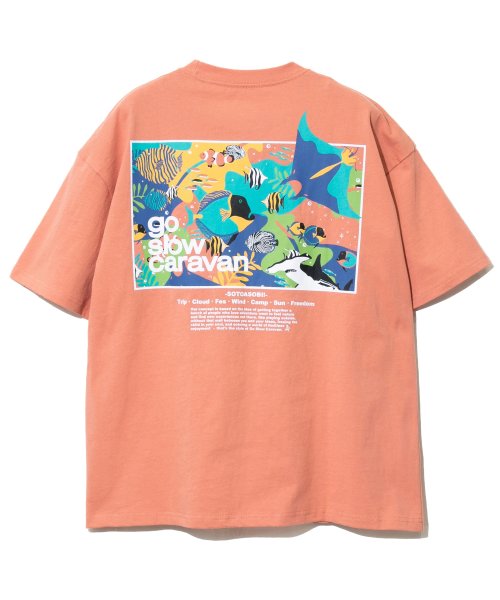 go slow caravan(ゴースローキャラバン)/391916 USA/C gsc スクエアLOGOバックプリントゆったりTEE/サーモン