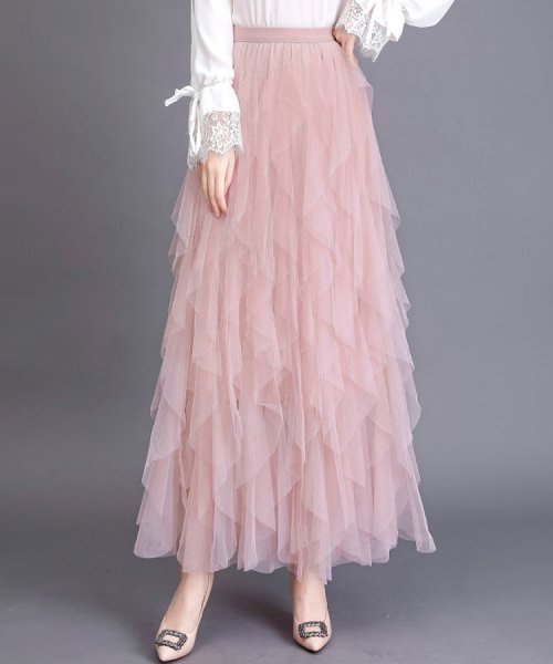 SEU(エスイイユウ)/Aラインロングランダムチュールスカート ハイウエスト ゆったり オールシーズン 韓国ファッション/ピンク
