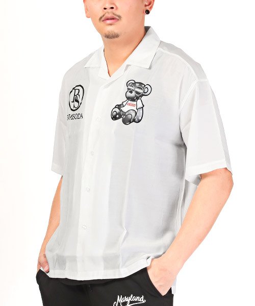 LUXSTYLE(ラグスタイル)/RUMSODA(ラムソーダ)ベアプリントオープンカラー半袖シャツ/半袖シャツ メンズ オープンカラー テディベア クマ ロゴ プリント/ホワイト