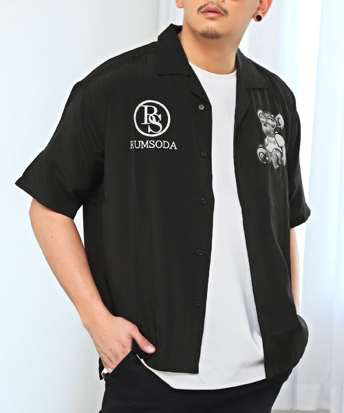 LUXSTYLE(ラグスタイル)/RUMSODA(ラムソーダ)ベアプリントオープンカラー半袖シャツ/半袖シャツ メンズ オープンカラー テディベア クマ ロゴ プリント/ブラック