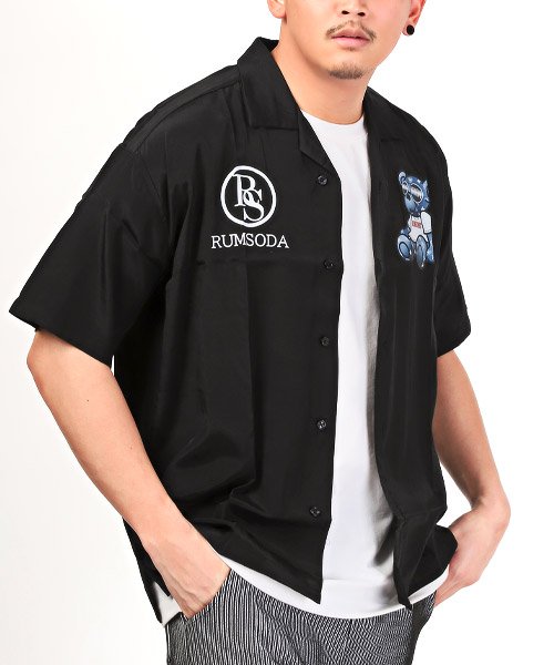 LUXSTYLE(ラグスタイル)/RUMSODA(ラムソーダ)ベアプリントオープンカラー半袖シャツ/半袖シャツ メンズ オープンカラー テディベア クマ ロゴ プリント/ブラック系1