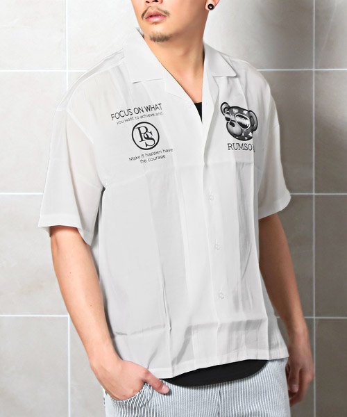 LUXSTYLE(ラグスタイル)/RUMSODA(ラムソーダ)ベアプリントオープンカラー半袖シャツ/半袖シャツ メンズ オープンカラー テディベア クマ ロゴ バックプリント/ホワイト