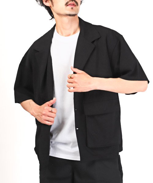 LUXSTYLE(ラグスタイル)/薄梨地半袖シングルジャケット/テーラードジャケット 半袖 メンズ シングル 無地 梨地 凸凹 羽織り/ブラック