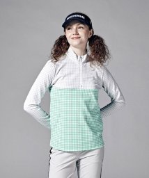 Munsingwear(マンシングウェア)/吸汗速乾SUNSCREEN千鳥プリントハーフジップスタンド長袖シャツ【アウトレット】/グレー×エメラルド