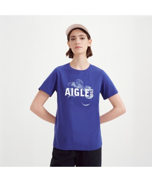 AIGLE(エーグル)/オーガニックコットン 吸水速乾 ショートスリーブグラフィックロゴTシャツ/ブルー
