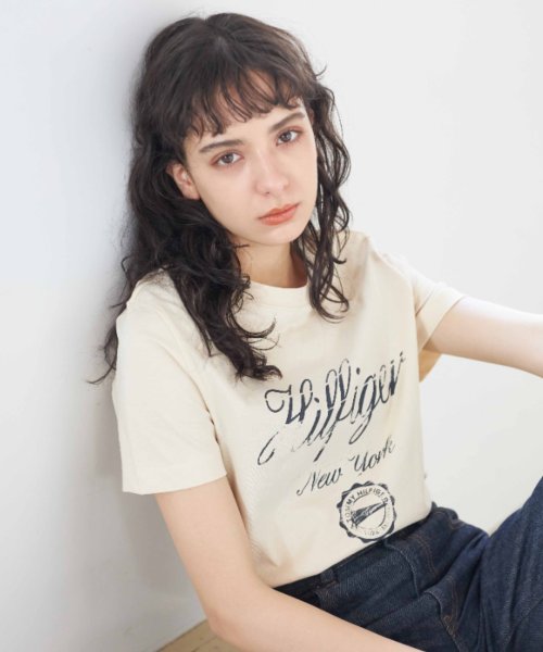 TOMMY HILFIGER(トミーヒルフィガー)/フェードスクリプトロゴプリントTシャツ/ベージュ系