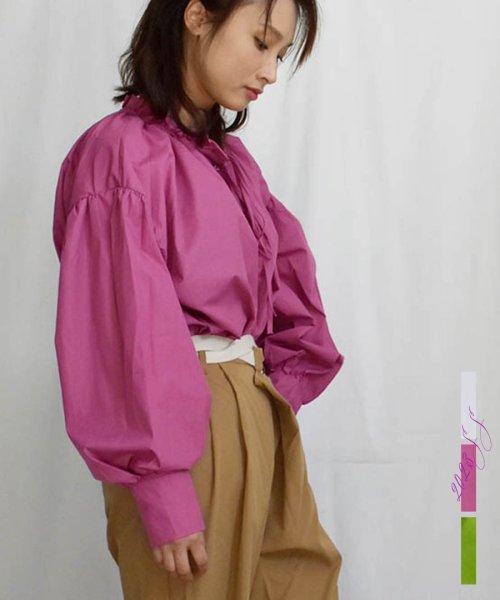 ARGO TOKYO(アルゴトウキョウ)/Volume Color Shirt 23046 裾リボンボリュームカラーブラウス 裾リボン　ボリューム　カラー　ブラウス　ギャザーブラウス　トップス　シャツ　/ピンク