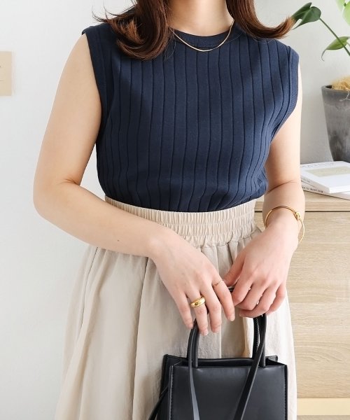 セール】コットンフライスワイドリブノースリーブトップス タンク  