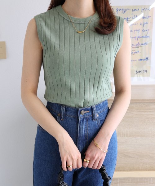 セール】コットンフライスワイドリブノースリーブトップス タンク  