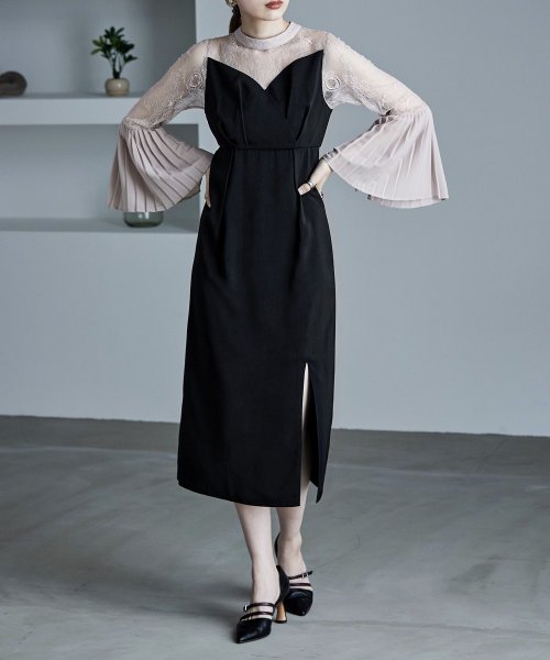 プリーツベルスリーブIラインドレス ワンピース フォーマル 結婚式 二次会 ベルスリーブ プリーツ袖 レース袖 オケージョンワンピ レース パーティードレス ハ 結婚式 二次会 備考 ポリエステル100%