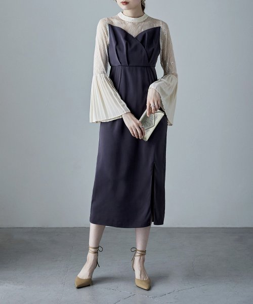 プリーツベルスリーブIラインドレス ワンピース フォーマル 結婚式 二次会 ベルスリーブ プリーツ袖 レース袖 オケージョンワンピ レース パーティードレス ハ 結婚式 二次会 備考 ポリエステル100%