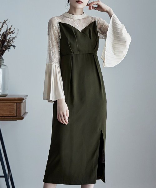 プリーツベルスリーブIラインドレス ワンピース フォーマル 結婚式 二次会 ベルスリーブ プリーツ袖 レース袖 オケージョンワンピ レース パーティードレス ハ 結婚式 二次会 備考 ポリエステル100%