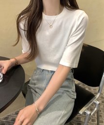 shopnikoniko(ショップにこにこ)/ベーシック 半袖 ニットトップス ma 【即納】 トップス カットソー Tシャツ プルオーバー ニット セーター 無地 シンプル ラウンドネック Uネック サマ/ホワイト