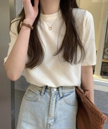 shopnikoniko(ショップにこにこ)/ベーシック 半袖 ニットトップス ma 【即納】 トップス カットソー Tシャツ プルオーバー ニット セーター 無地 シンプル ラウンドネック Uネック サマ/アイボリー