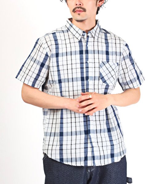LUXSTYLE(ラグスタイル)/先染めチェック柄半袖シャツ/半袖シャツ メンズ チェック柄 総柄 先染め レギュラーカラー/ホワイト