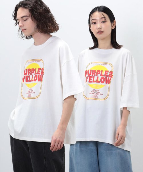 Purple & Yellow(パープル＆イエロー)/マルチカラープリント  ビッグ半袖Tシャツ/ホワイト