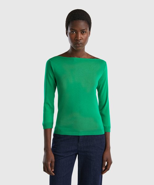 BENETTON (women)(ベネトン（レディース）)/コットン100％無地ボートネック７分袖ニットセーター/グリーン