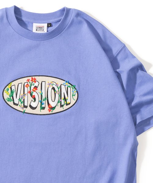 VISION STREET WEAR(ヴィジョン ストリート ウェア)/【VISION STREET WEAR／ヴィジョンストリートウェア】サークルロゴフラワー刺繍Tシャツ/ビッグシルエット/ブルー