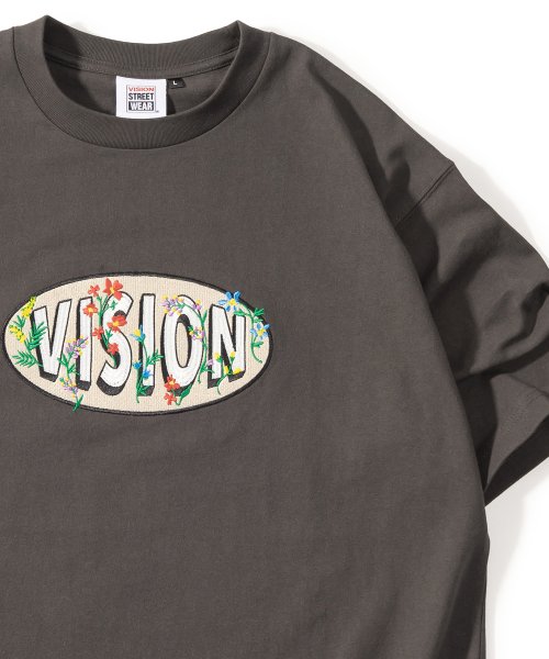 VISION STREET WEAR(ヴィジョン ストリート ウェア)/【VISION STREET WEAR／ヴィジョンストリートウェア】サークルロゴフラワー刺繍Tシャツ/ビッグシルエット/チャコールグレイ