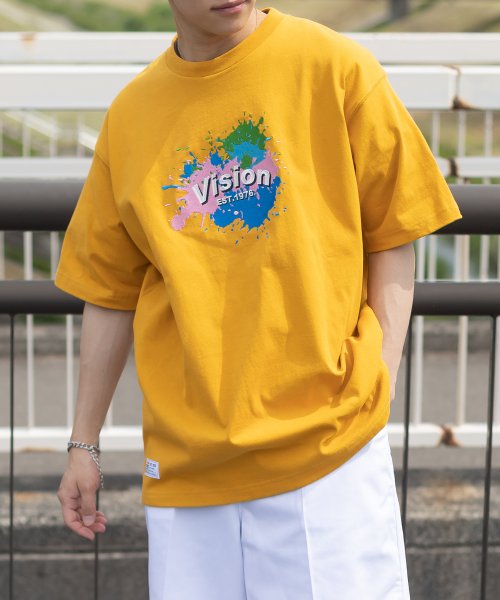 VISION STREET WEAR(ヴィジョン ストリート ウェア)/【VISION STREET WEAR／ヴィジョンストリートウェア】スプラッシュロゴ刺繍Tシャツ/ビッグシルエット/マスタード