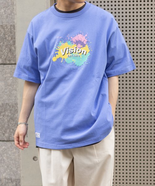 VISION STREET WEAR(ヴィジョン ストリート ウェア)/【VISION STREET WEAR／ヴィジョンストリートウェア】スプラッシュロゴ刺繍Tシャツ/ビッグシルエット/ブルー