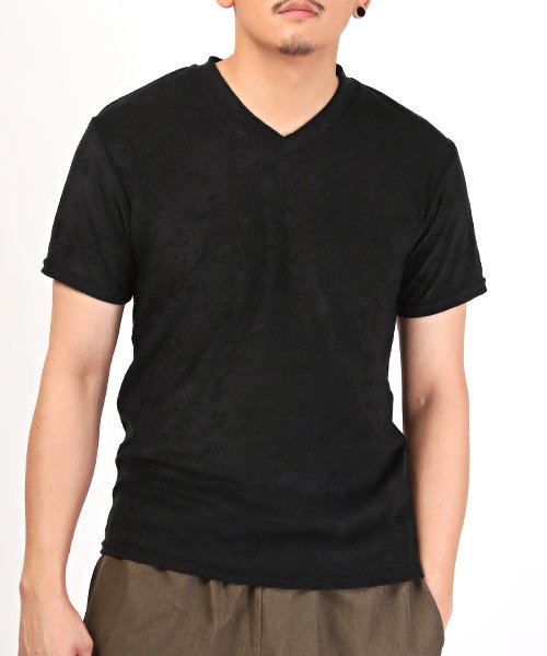 LUXSTYLE(ラグスタイル)/パイルVネック半袖Tシャツ/Tシャツ メンズ 半袖 Vネック パイル地 タオル地 無地Tシャツ/ブラック