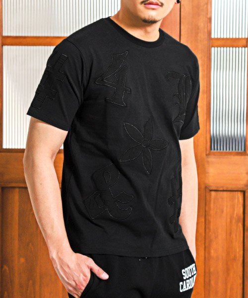 LUXSTYLE(ラグスタイル)/LUXE/R(ラグジュ)ふくれジャガードビッグロゴ貼り付け半袖Tシャツ/Tシャツ メンズ レディース 半袖 ビッグロゴ ワッペン 春夏/ブラック