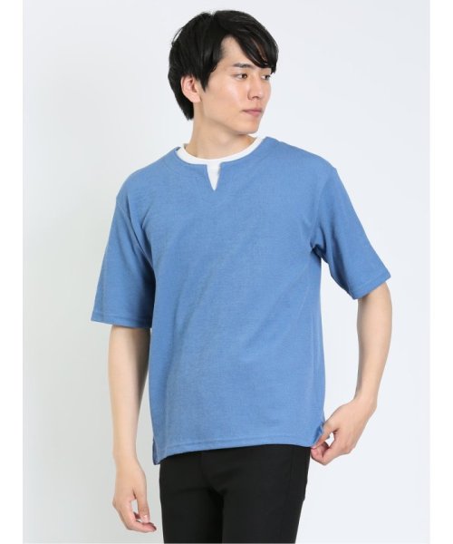 m.f.editorial(エムエフエディトリアル)/鹿の子 フェイクキーネック 半袖 メンズ Tシャツ カットソー カジュアル インナー ビジネス ギフト プレゼント/ブルー