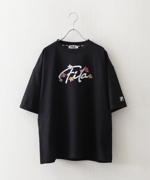 ZIP FIVE(ジップファイブ)/花柄ロゴ半袖Tシャツ/ブラック