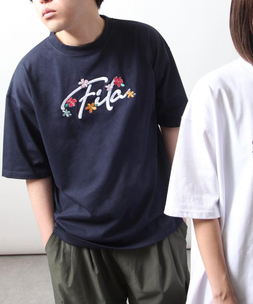 ZIP FIVE(ジップファイブ)/花柄ロゴ半袖Tシャツ/ネイビー