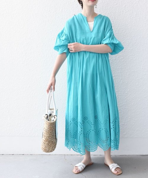 セール】〈手洗い可能〉細ピンタック シフリー刺繍 ワンピース 