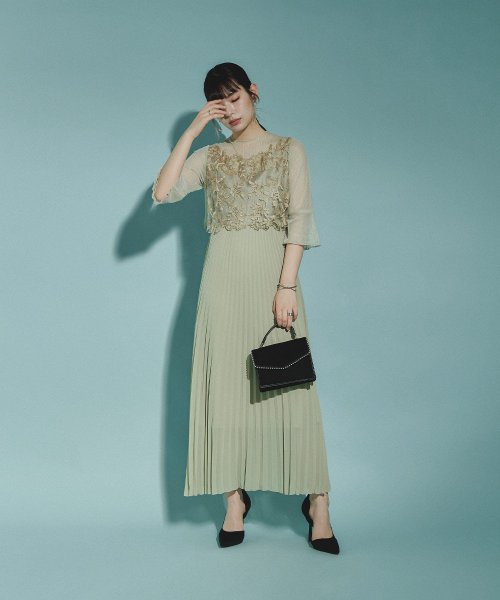 結婚式 ワンピース パーティードレス レース ビスチェ ラメ チュール 花柄 プリーツ ロング丈 袖あり 七分袖 ロングドレス 大きいサイズ 小さいサイズ S 5cm 35cm 34cm 19cm