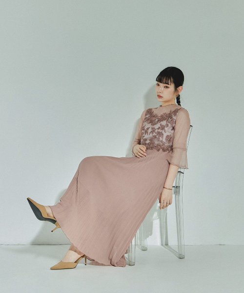 結婚式 ワンピース パーティードレス レース ビスチェ ラメ チュール 花柄 プリーツ ロング丈 袖あり 七分袖 ロングドレス 大きいサイズ 小さいサイズ S 5cm 35cm 34cm 19cm