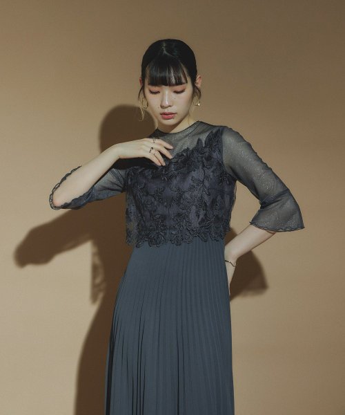 結婚式 ワンピース パーティードレス レース ビスチェ ラメ チュール 花柄 プリーツ ロング丈 袖あり 七分袖 ロングドレス 大きいサイズ 小さいサイズ S 5cm 35cm 34cm 19cm