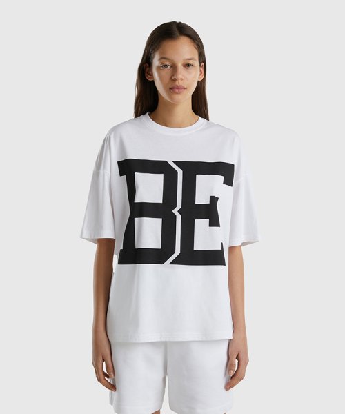 BENETTON (women)(ベネトン（レディース）)/ビッグテキストプリントドロップショルダー半袖Tシャツ・カットソー/ホワイト