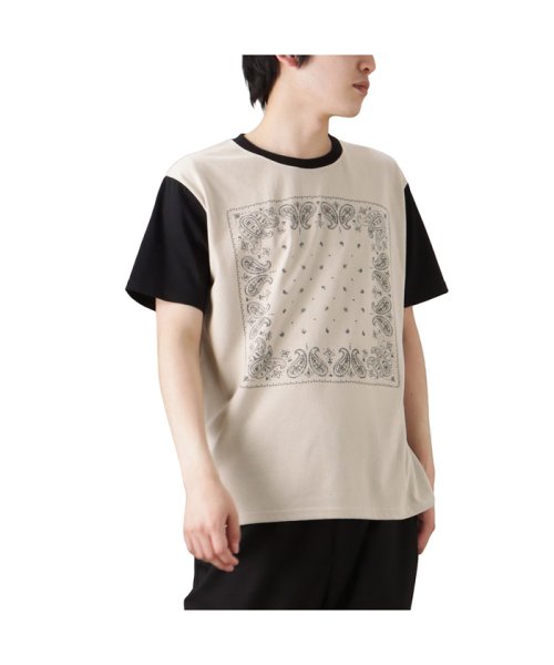 MAC HOUSE(men)(マックハウス（メンズ）)/T－GRAPHICS ティーグラフィックス モードプリント半袖Tシャツ F52004DM/ベージュ