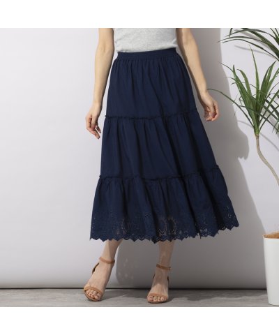 裾刺繍・デニムローンティアードスカート