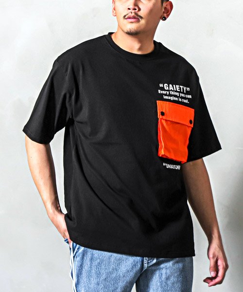 LUXSTYLE(ラグスタイル)/異素材ワッペンロゴ半袖Tシャツ/Tシャツ メンズ レディース 半袖 ビッグシルエット ポケット 春夏/ブラック