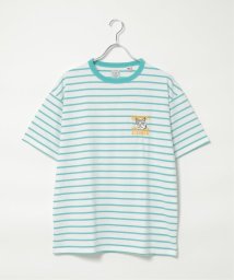 VENCE　EXCHANGE(ヴァンス　エクスチェンジ)/ピンボーダーネコ刺繍Tシャツ/グリーン