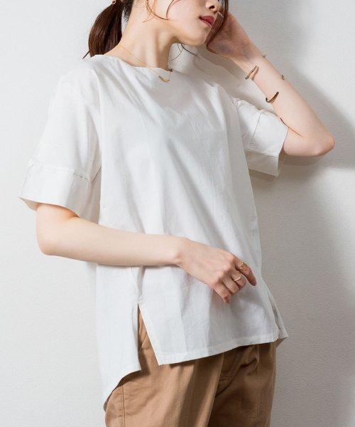 atONE(アットワン)/異素材切り替え半袖Tシャツ/オフホワイト