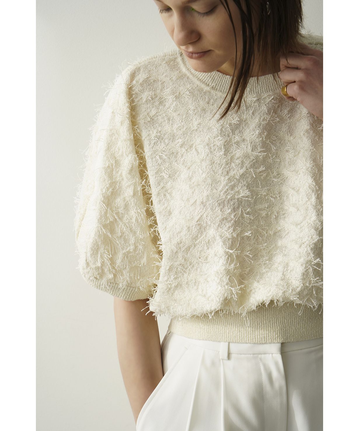 CLANE FRINGE ARCH SLEEVE KNIT TOPS - カットソー(半袖/袖なし)