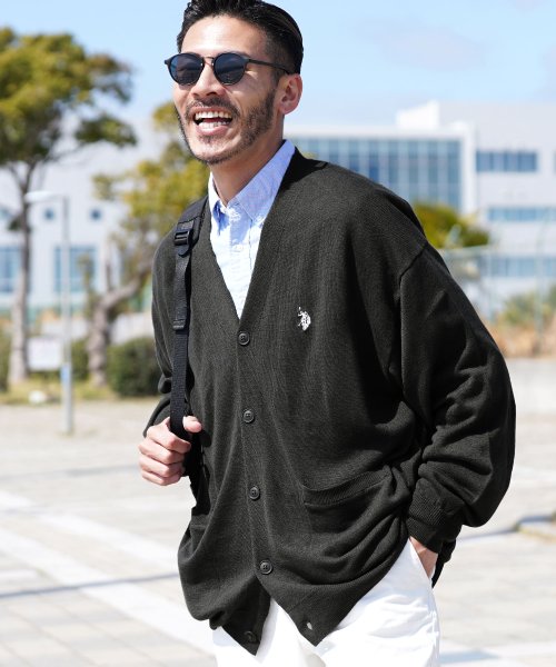 JIGGYS SHOP(ジギーズショップ)/US.POLO ASSN.(ユーエスポロアッスン) 別注コットンタッチカーディガン / メンズ フード カーディガン トップスビッグシルエット オーバーサイズ /チャコールグレー