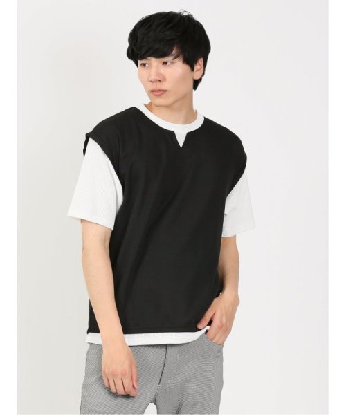 TAKA-Q(タカキュー)/フェイクレイヤード キーネック 半袖 メンズ Tシャツ カットソー カジュアル インナー ビジネス ギフト プレゼント/ブラック