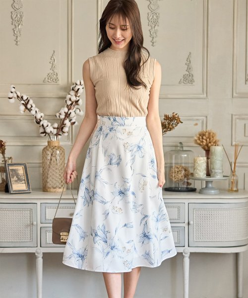 セール】ウエストグログランテープラインフラワープリントフレア  